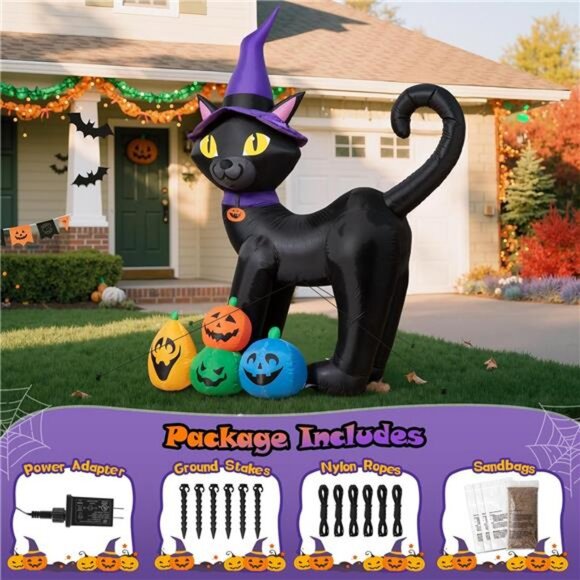 6FT Halloween Inflatable Black Cat with Witch Hat and 4 Colorful Pumpkins - Picture 6 of 7